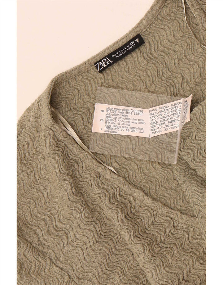 Zara Womens Short Sleeve Crop Top UK 8 Small Kaki Polyester