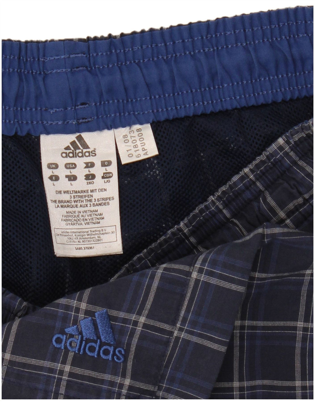 Adidas Short de bain pour homme en polyester à carreaux bleus
