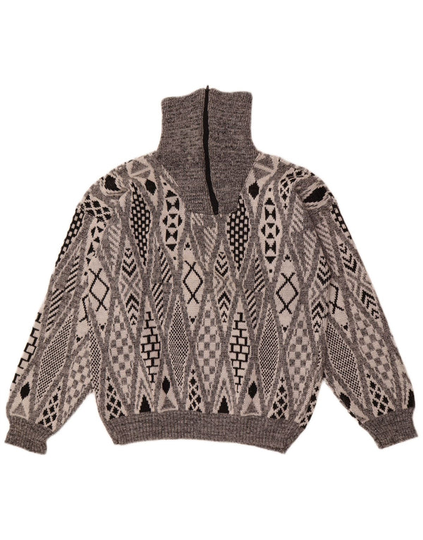 vintage Mens Zip Neck Jumper Pull Grand Gris Géométrique Acrylique