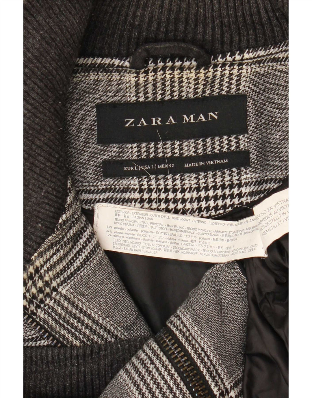 Zara Mens Bomber Jacket UK 40 Large Gris Pied-de-Poule Polyester