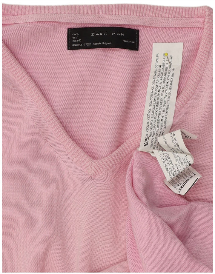 Zara Pull col V pour homme en coton rose Large