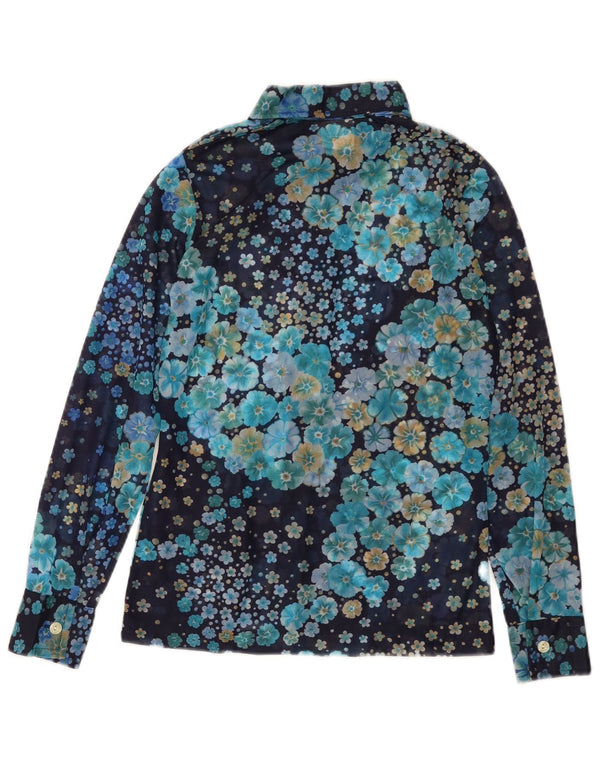 VINTAGE Womens Shirt Blouse UK 10 Small Navy Blue Floral Polyamide