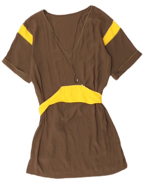 vintage Femme Manches Courtes Tunique Robe UK 16 Grand Brown Colourblock
