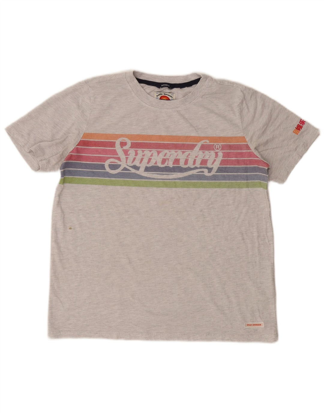 Superdry Femme Crop Graphic T-Shirt Top UK 12 Gris Moyen Rayé