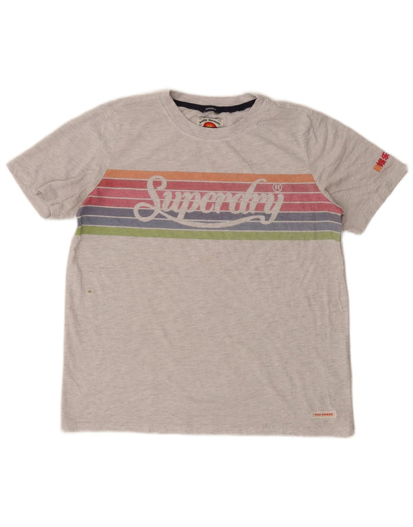 Superdry Femme Crop Graphic T-Shirt Top UK 12 Gris Moyen Rayé