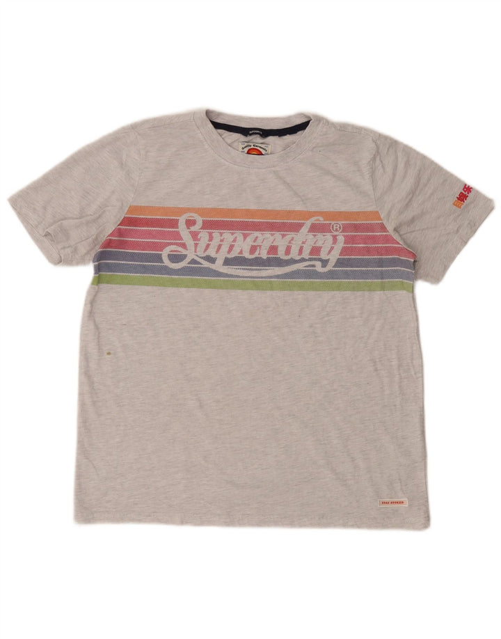 Superdry Femme Crop Graphic T-Shirt Top UK 12 Gris Moyen Rayé