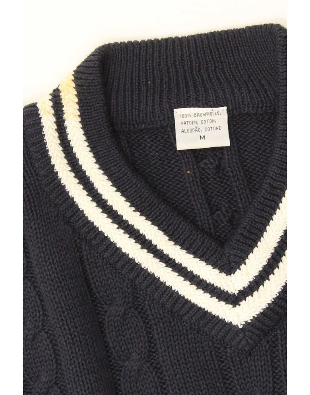 vintage Homme Col V Jumper Pull Moyen Bleu Marine Coton