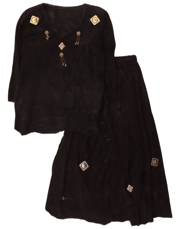 vintage Femmes 3/4 Manches Daim 2 Pièces Jupe Ensemble UK 12 Moyen W28 Noir