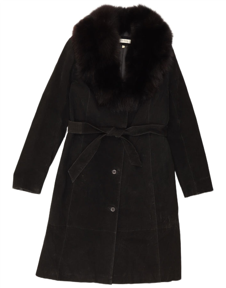 vintage Femme Suède Pardessus IT 46 Grand Cuir Noir
