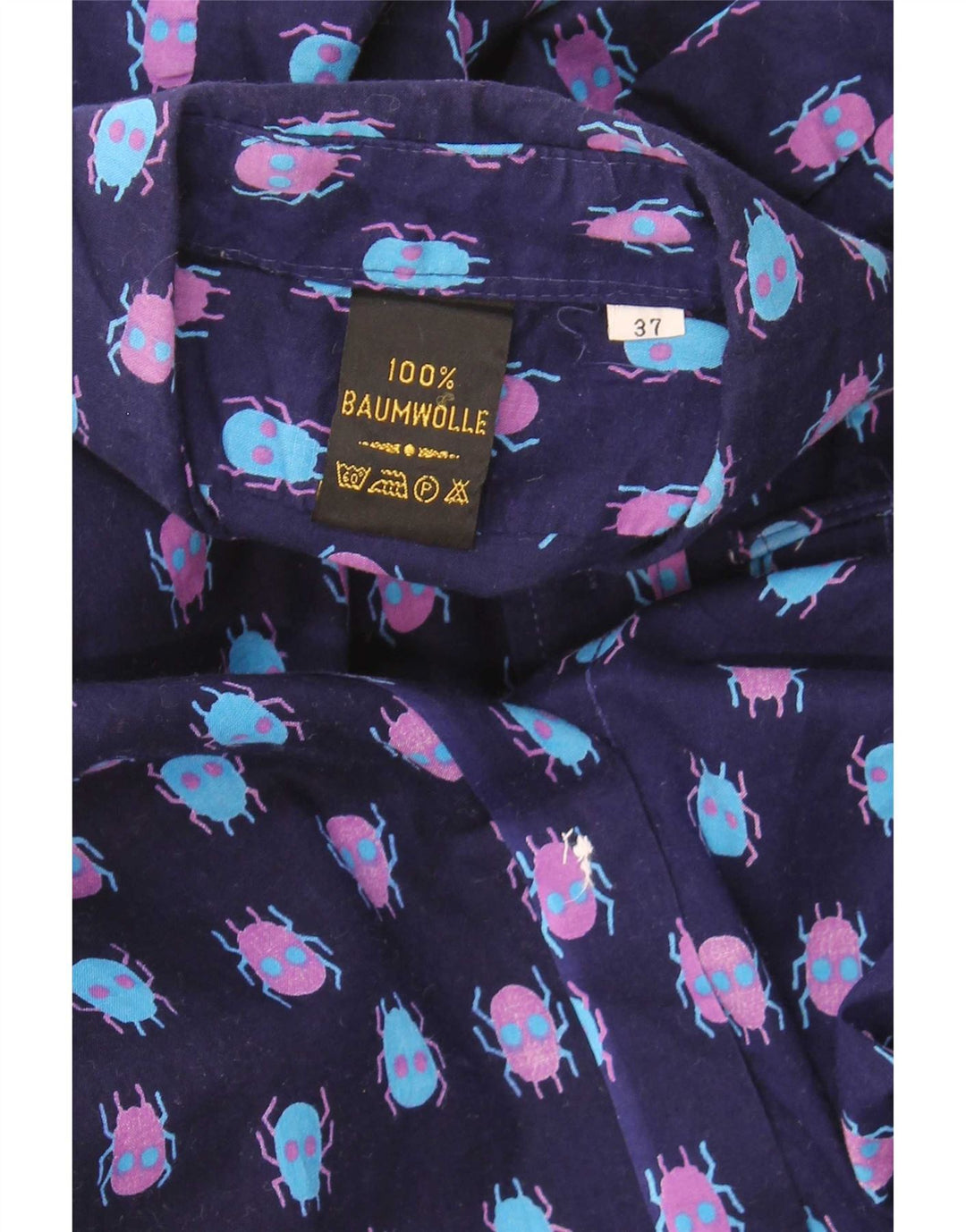 vintage Mens Abstract Pattern Shirt Taille 37 Petit Coton Bleu Marine