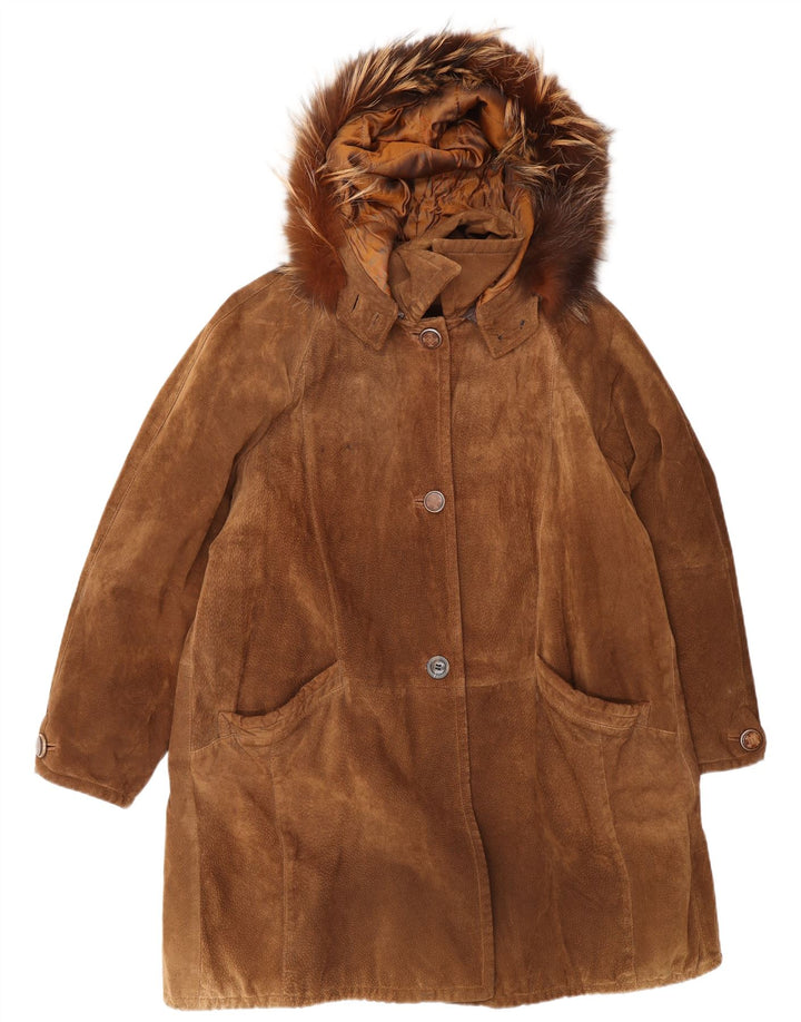 vintage Femmes Surdimensionné À Capuchon Coupe-Vent En Daim Manteau IT 46 Grand Marron