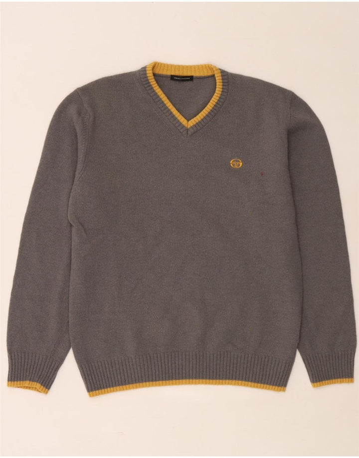 Sergio Tacchini Pull col V pour homme en laine rayée grise