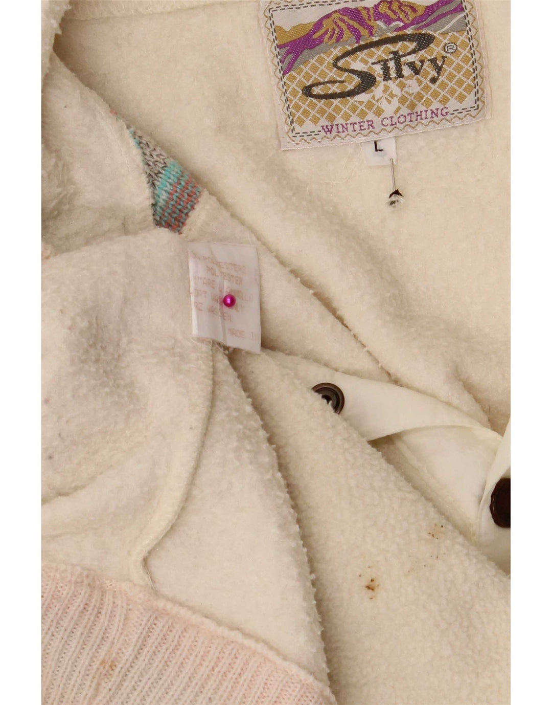 Silvy Pull polaire à col boutonné pour homme Large en polyester Fair Isle blanc cassé