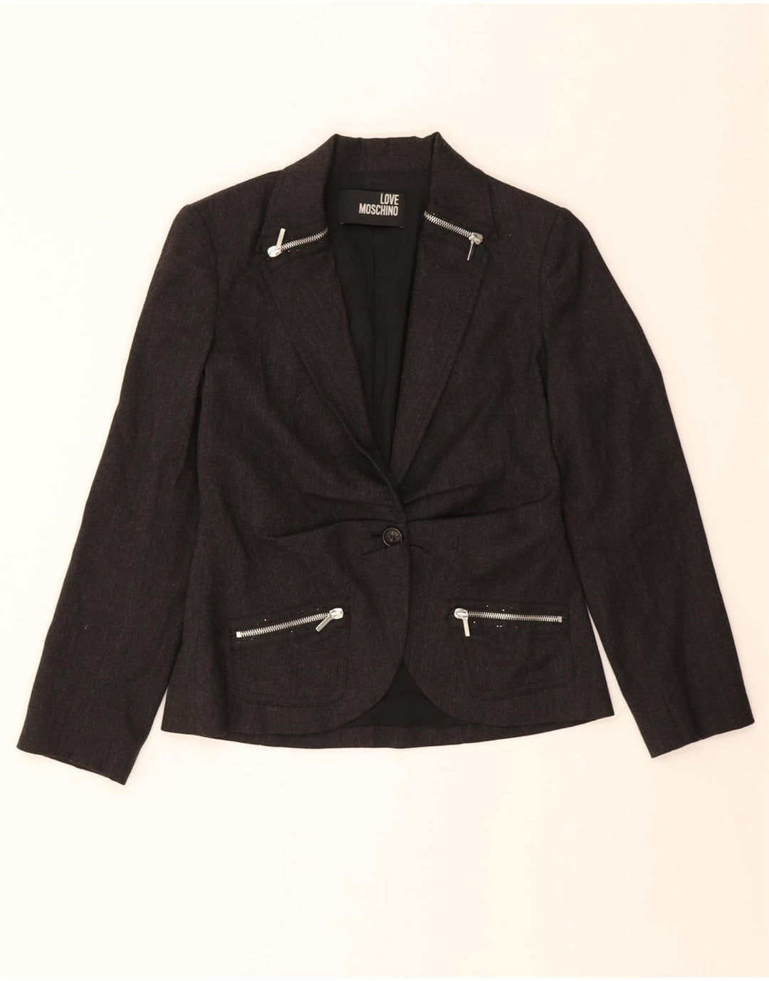 MOSCHINO Womens 1 Button Blazer Jacket UK 8 Small Grey Wool Vintage Moschino and Second-Hand Moschino from Messina Hembry 