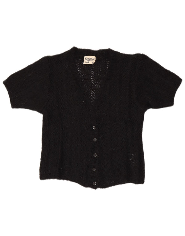 VINTAGE Femmes Crop Manches Courtes Cardigan Pull UK 12 Moyen Noir Nylon