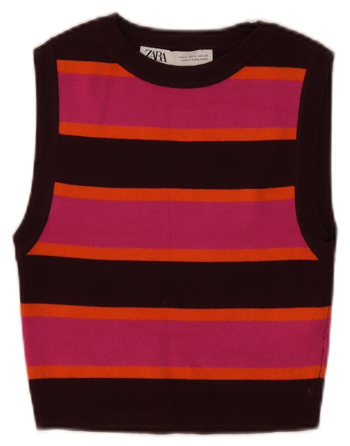 Zara Womens Crop Vest Top UK 12 Medium Multicolore Rayé Viscose