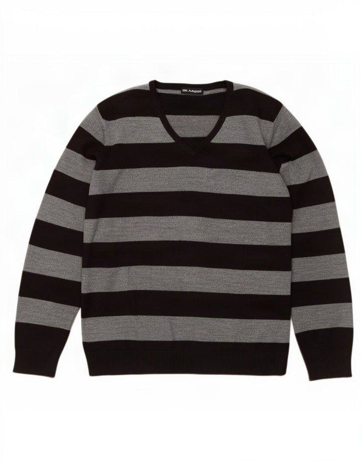 Marks & Spencer Pull col V pour homme en acrylique rayé gris Large