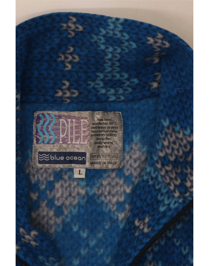 vintage Mens Zip Neck Jumper Pull Grand Bleu Géométrique