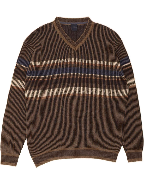 ENGBERS Pull col V pour homme en coton rayé marron