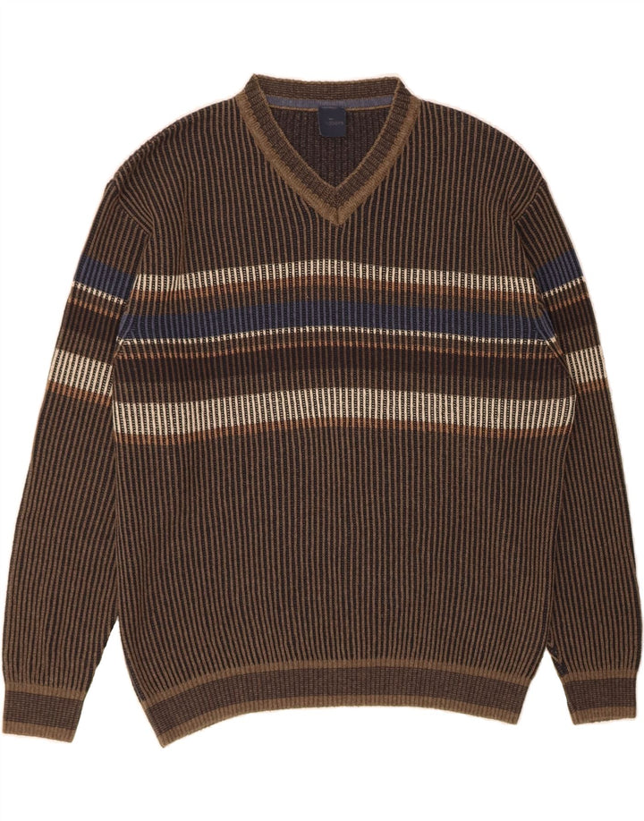 ENGBERS Pull col V pour homme en coton rayé marron