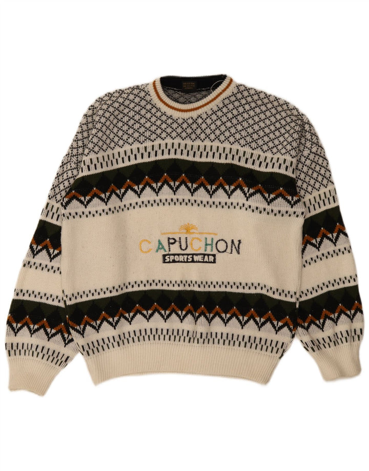 vintage Mens Graphic Crew Neck Jumper Pull Moyen Blanc Géométrique Rétro