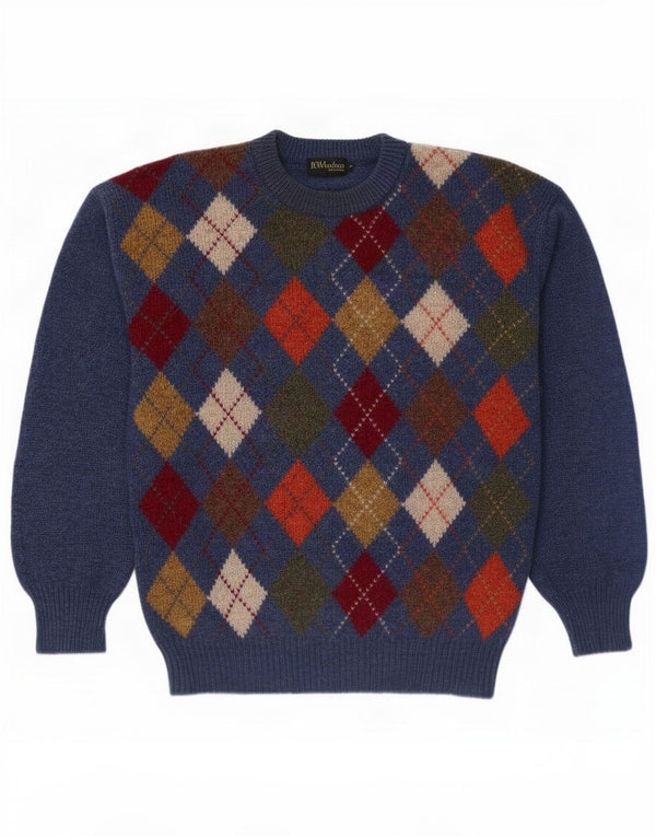 vintage Mens Crew Neck Jumper Pull Grand Bleu Marine Argyle/Diamant