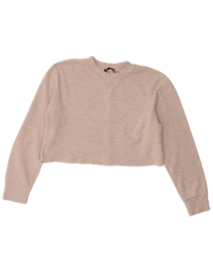 Zara Femme Crop Top Manches Longues UK 14 Polyester Beige Moyen