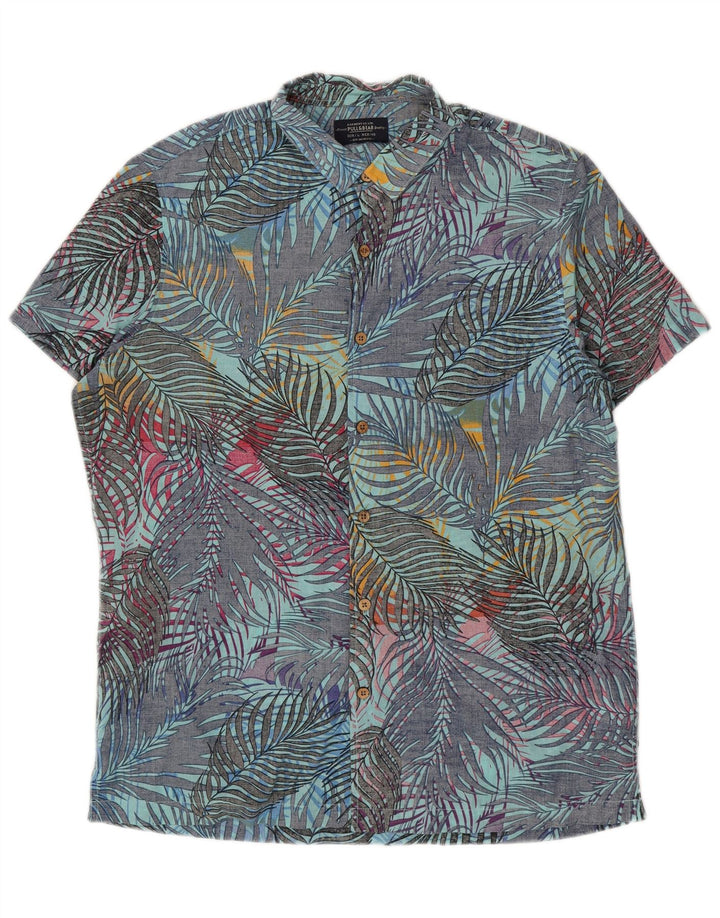 Pull & Bear Chemise à Manches Courtes Homme Grand Bleu Floral Coton Hawaïen
