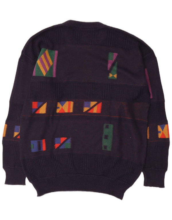 Vintage Mens Crew Neck Jumper Sweater 2XL Navy Blue Geometric