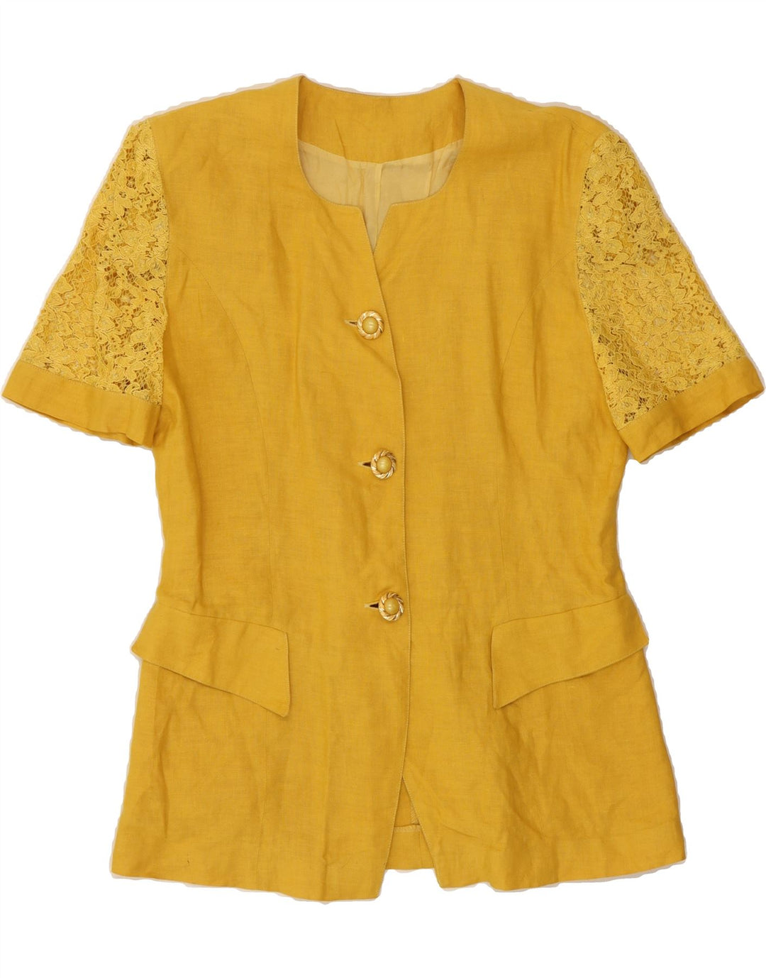 VINTAGE Womens Short Sleeve 3 Button Blazer Jacket UK 16 Large Yellow Vintage Vintage and Second-Hand Vintage from Messina Hembry 