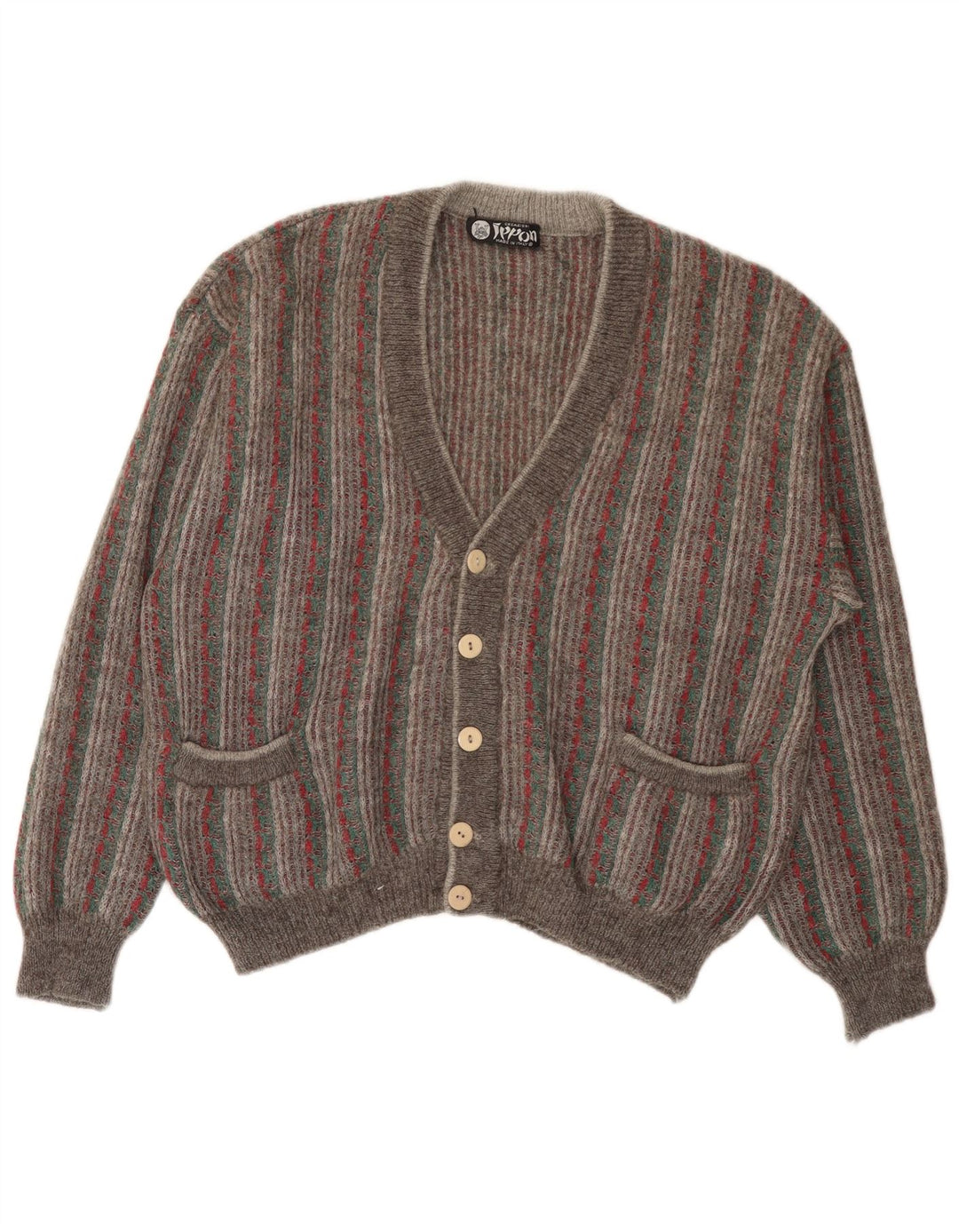 vintage Mens Cardigan Pull Grand Gris Rayé