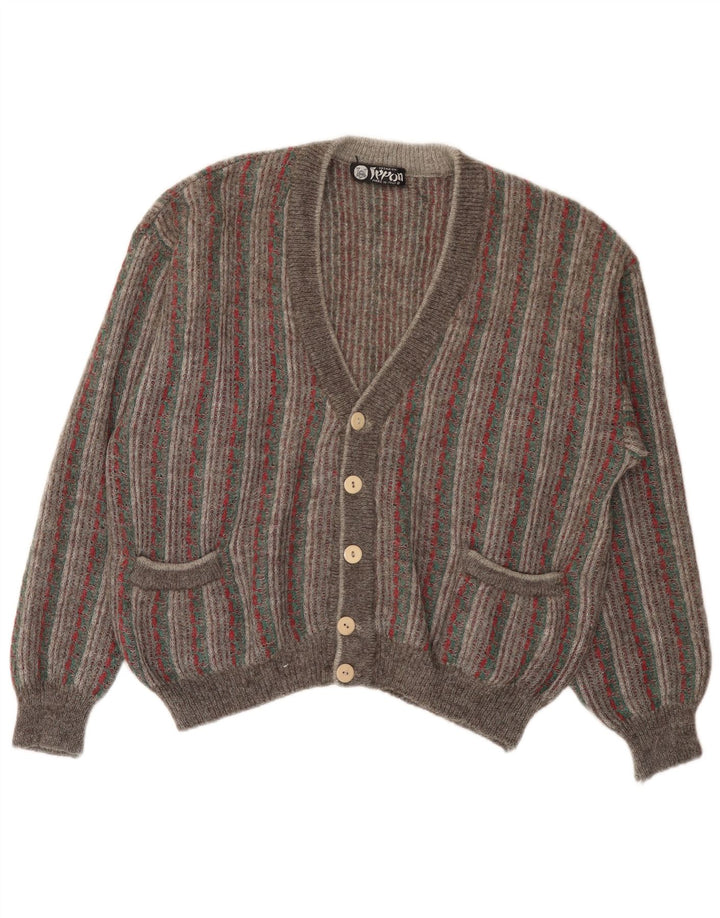 vintage Mens Cardigan Pull Grand Gris Rayé