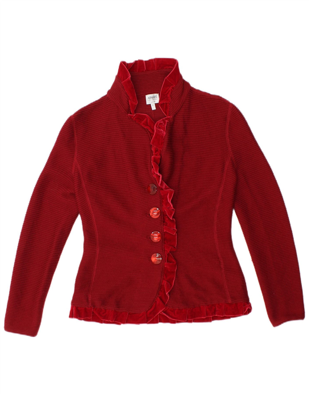 ARMANI COLLEZIONI Pull cardigan à volants sur le devant pour femme US 6 Rouge moyen