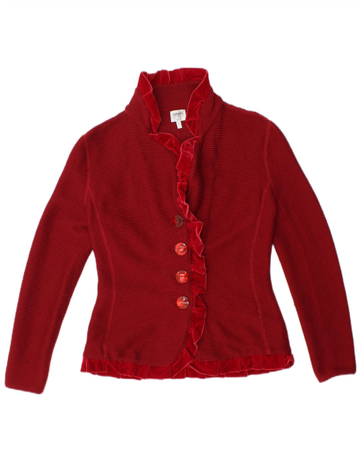 ARMANI COLLEZIONI Pull cardigan à volants sur le devant pour femme US 6 Rouge moyen