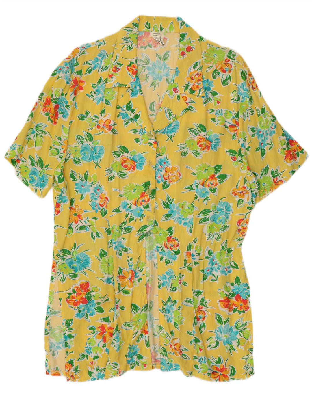 VINTAGE Robe chemise à manches courtes femme UK 14 Medium Yellow Floral