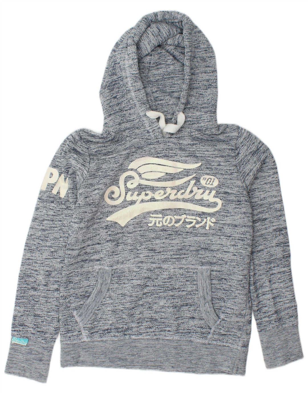 SUPERDRY Pull à capuche graphique pour femme UK 16 Grand coton moucheté bleu marine