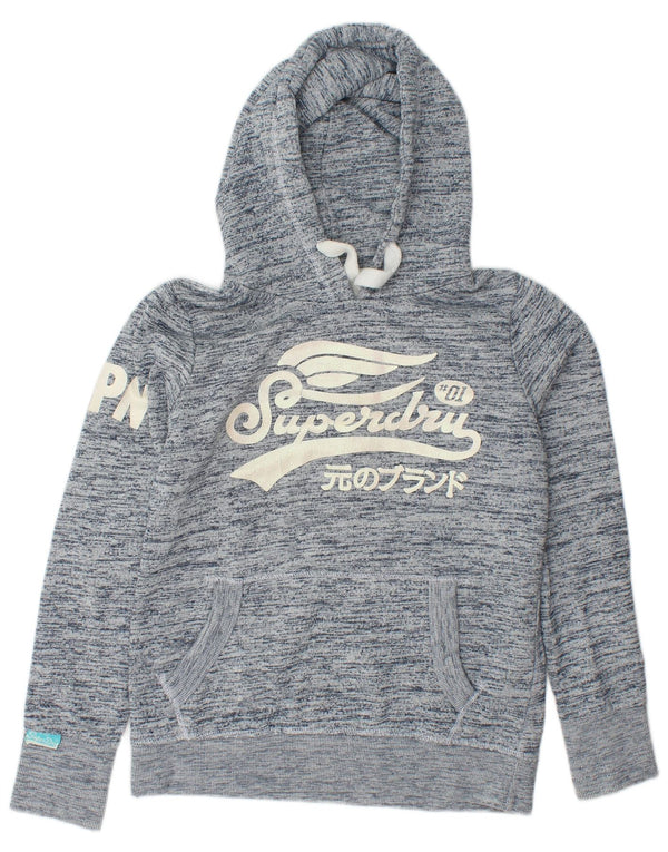 SUPERDRY Pull à capuche graphique pour femme UK 16 Grand coton moucheté bleu marine