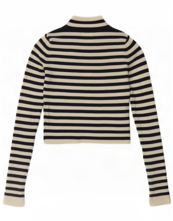 Zara Womens Crop Top Manches Longues UK 10 Petit Nylon Rayé Bleu Marine
