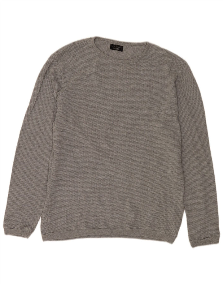 Zara Pull à col rond pour homme en coton gris Large