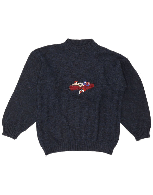 vintage Mens Graphic Turtle Neck Jumper Pull Grand Bleu Marine