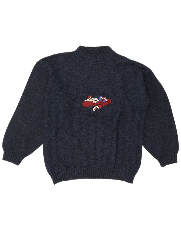vintage Mens Graphic Turtle Neck Jumper Pull Grand Bleu Marine