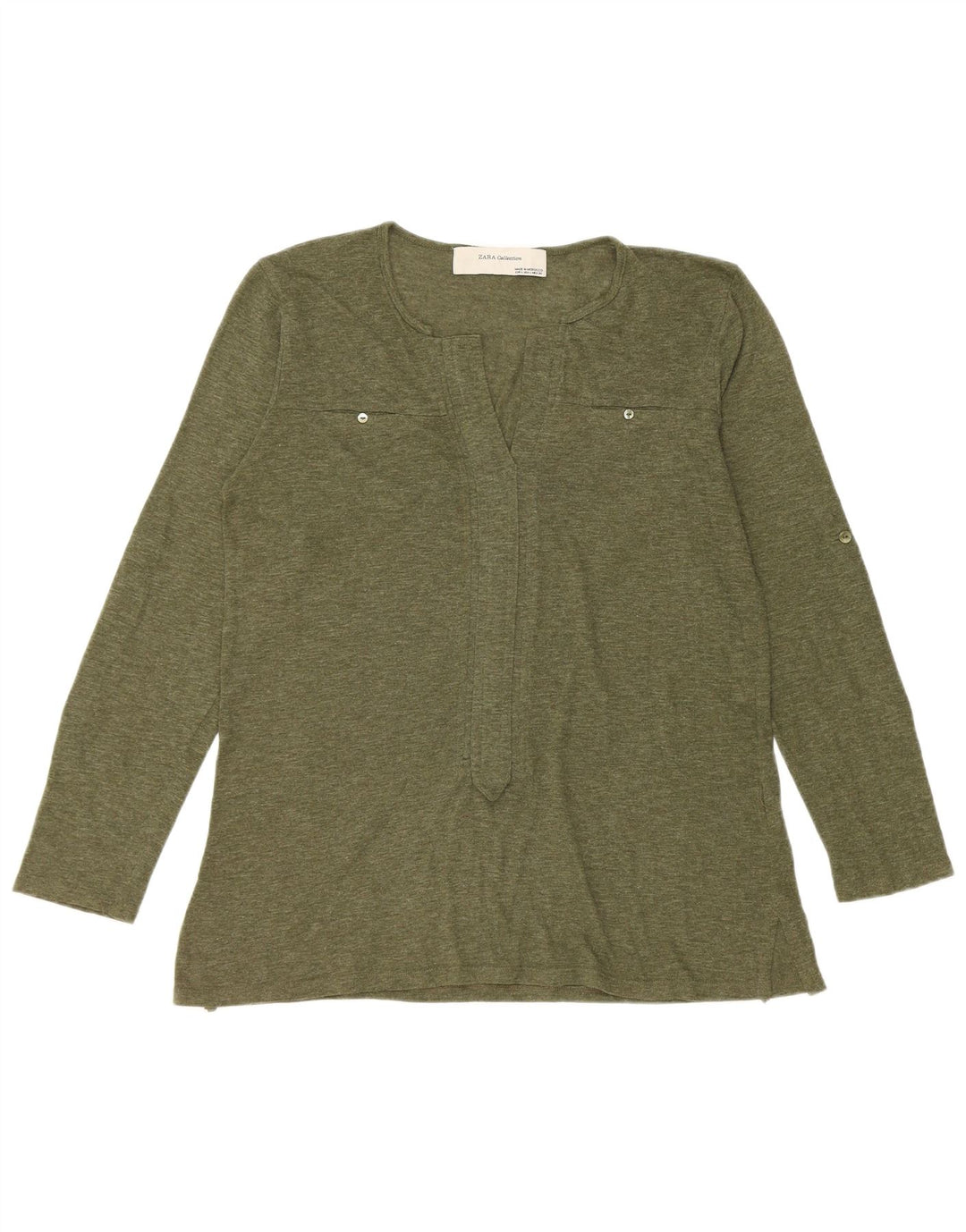 Zara Femme Top Manches Longues UK 16 Large Vert Moucheté