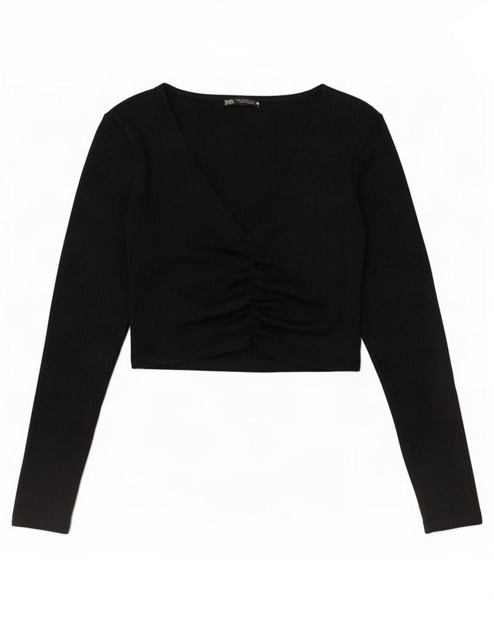 Zara Femme Crop Top Manches Longues UK 12 Moyen Noir Polyester