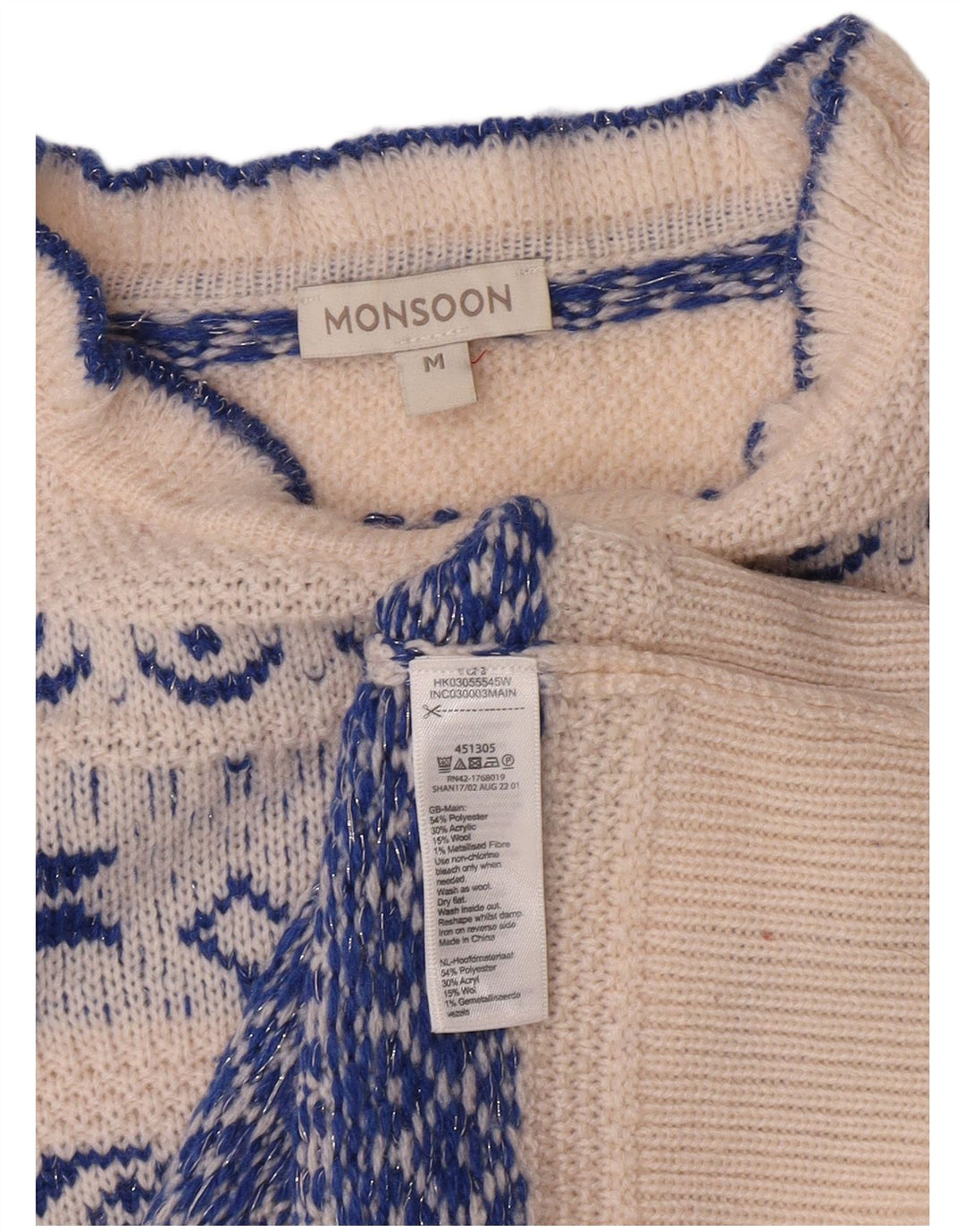 Monsoon Pull col roulé pour femme UK 12 Medium Blanc Fair Isle