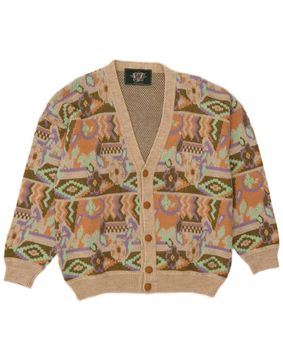 vintage Mens Cardigan Sweater Moyen Multicolore Géométrique Acrylique