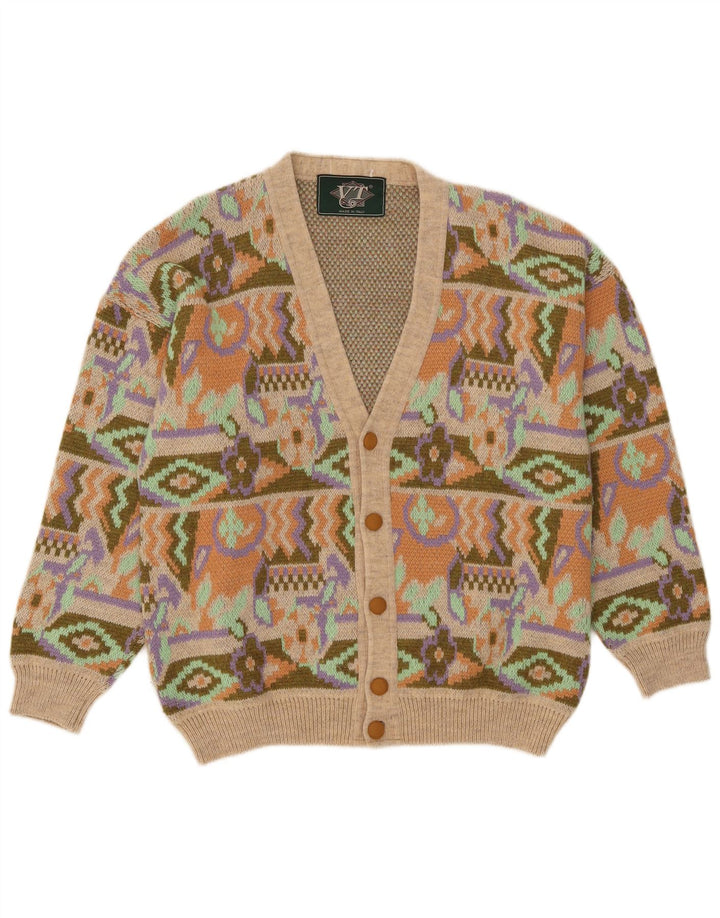 vintage Mens Cardigan Sweater Moyen Multicolore Géométrique Acrylique