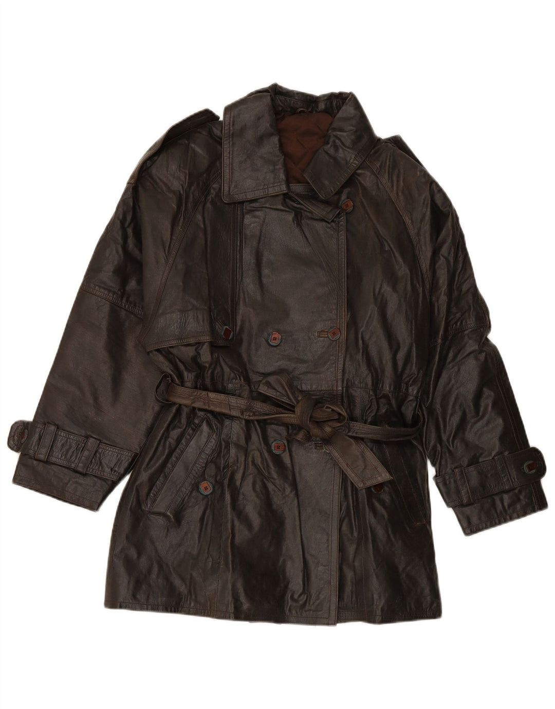 VINTAGE Manteau en cuir double boutonnage femme EU 38 Cuir marron moyen