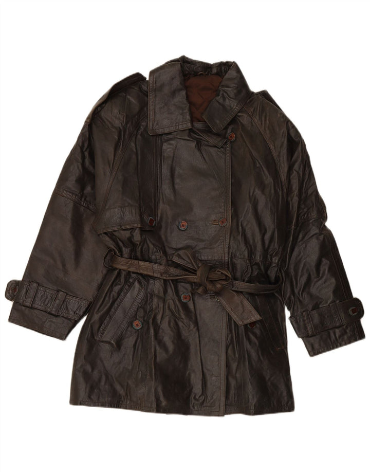 VINTAGE Manteau en cuir double boutonnage femme EU 38 Cuir marron moyen
