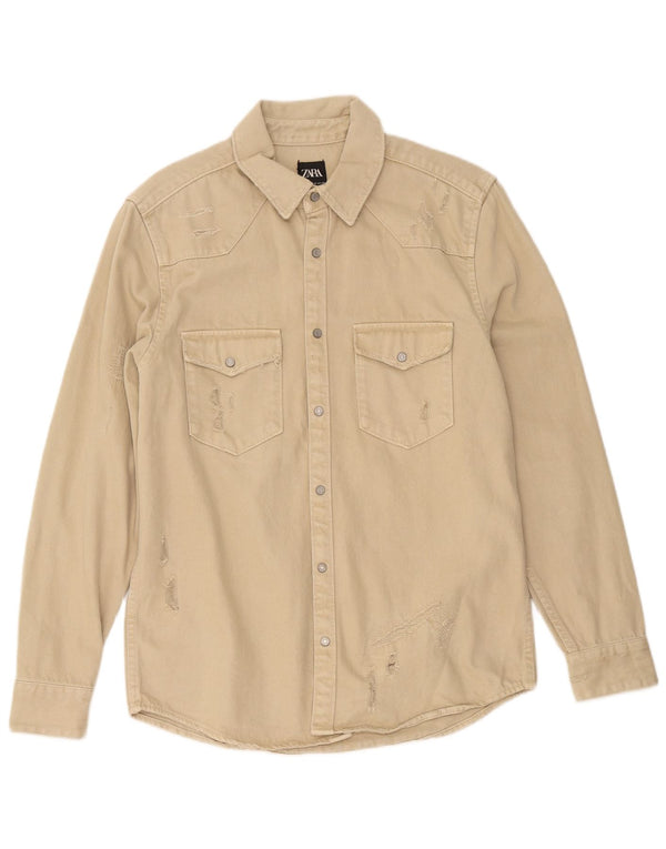 Zara Homme Chemise En Jean Déchiré Coton Beige Moyen