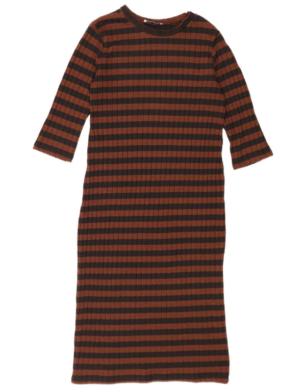 Zara Womens Trafaluc Robe pull à manches 3/4 UK 12 Marron moyen rayé